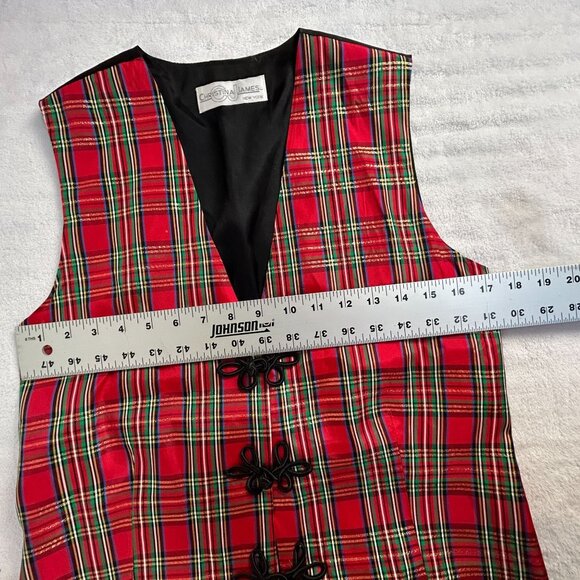 Christina James Women's V-Neck Plaid Vest Red Black Frog Button Holiday Tie-Back - Picture 6 of 7